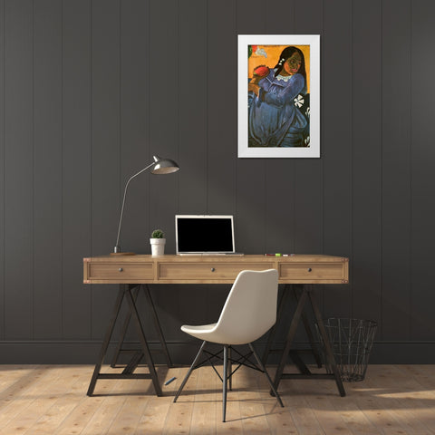 Woman With Mango White Modern Wood Framed Art Print by Gauguin, Paul