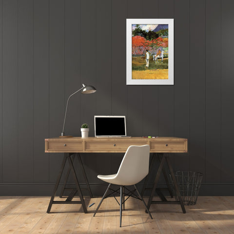 Women And White Horse Detail White Modern Wood Framed Art Print by Gauguin, Paul