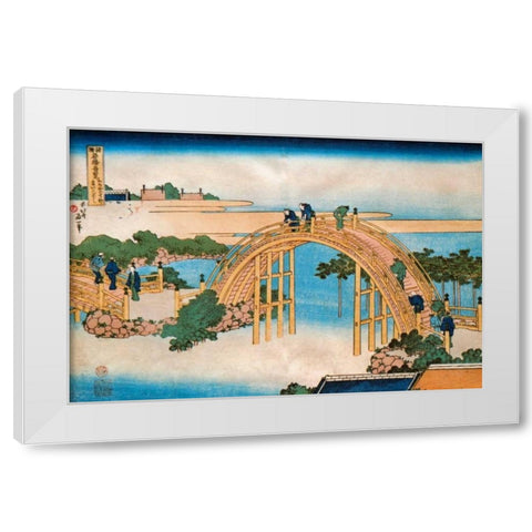 Drum Bridge At Kameido White Modern Wood Framed Art Print by Hokusai