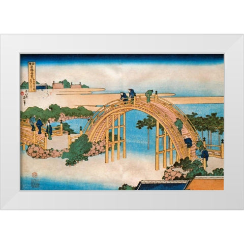 Drum Bridge At Kameido White Modern Wood Framed Art Print by Hokusai