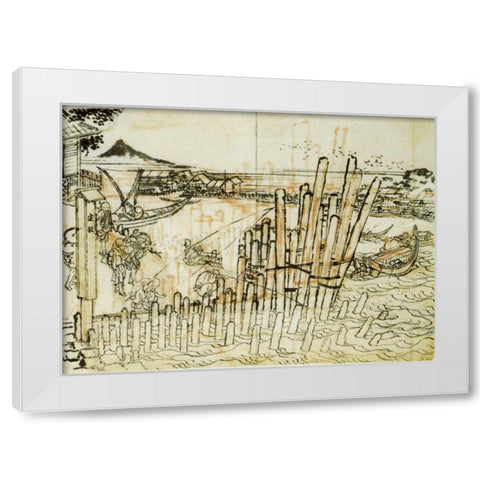 Fishing At Shimadagahana 1833 White Modern Wood Framed Art Print by Hokusai