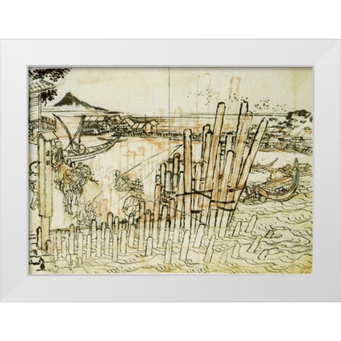 Fishing At Shimadagahana 1833 White Modern Wood Framed Art Print by Hokusai