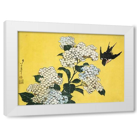 Hydrangea And Swallow White Modern Wood Framed Art Print by Hokusai