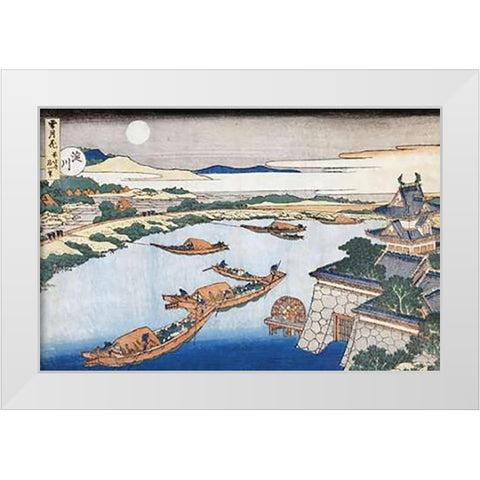 The Moon Above Yodo River And Osaka Castle White Modern Wood Framed Art Print by Hokusai
