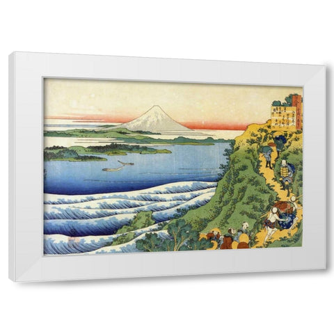 Travelers Climbing A Mountain Path White Modern Wood Framed Art Print by Hokusai