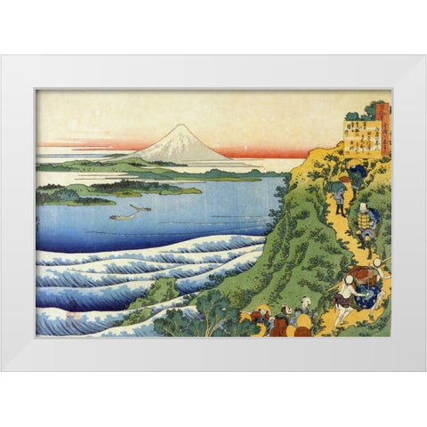 Travelers Climbing A Mountain Path White Modern Wood Framed Art Print by Hokusai