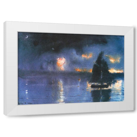 Sailboat And Fourth Of July Fireworks White Modern Wood Framed Art Print by Homer, Winslow