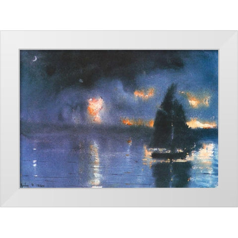 Sailboat And Fourth Of July Fireworks White Modern Wood Framed Art Print by Homer, Winslow