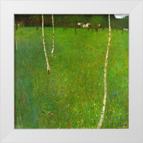 Farmhouse With Birch Trees White Modern Wood Framed Art Print by Klimt, Gustav