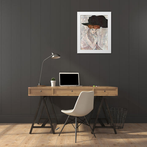 Lady With Black Feather Hat 1910 White Modern Wood Framed Art Print by Klimt, Gustav