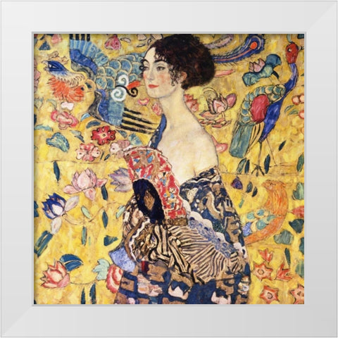 Lady With Fan White Modern Wood Framed Art Print by Klimt, Gustav