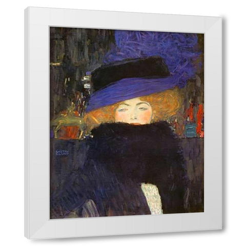 Lady With Hat And Featherboa 1909 White Modern Wood Framed Art Print by Klimt, Gustav