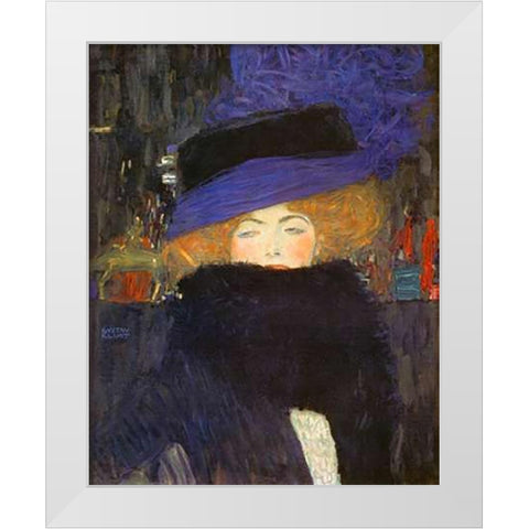 Lady With Hat And Featherboa 1909 White Modern Wood Framed Art Print by Klimt, Gustav