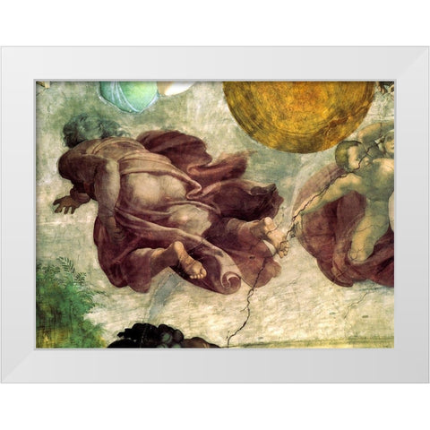 The Creation Of Heavenly Bodies God Creating The Moon And Sun Detail White Modern Wood Framed Art Print by Michelangelo