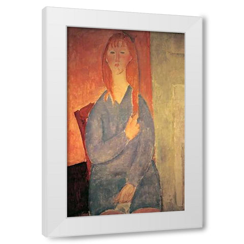 Girl In Blue Dress White Modern Wood Framed Art Print by Modigliani, Amedeo