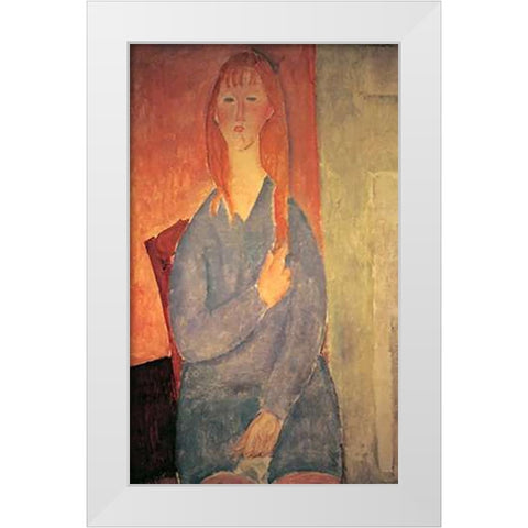 Girl In Blue Dress White Modern Wood Framed Art Print by Modigliani, Amedeo