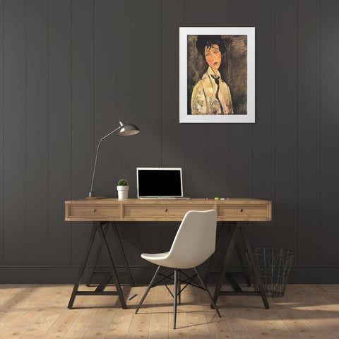 Lady With Black Tie White Modern Wood Framed Art Print by Modigliani, Amedeo