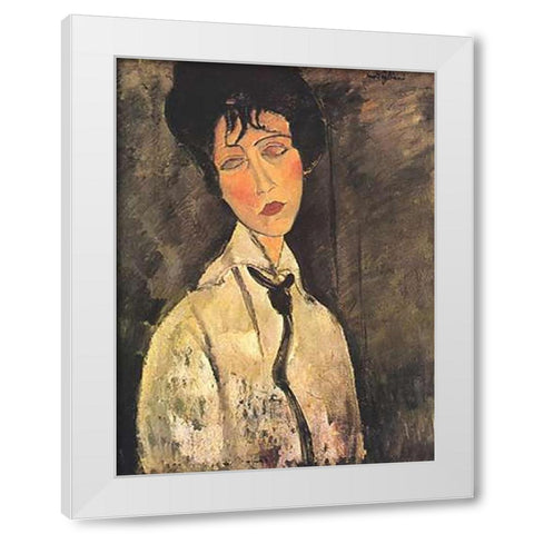 Lady With Black Tie White Modern Wood Framed Art Print by Modigliani, Amedeo