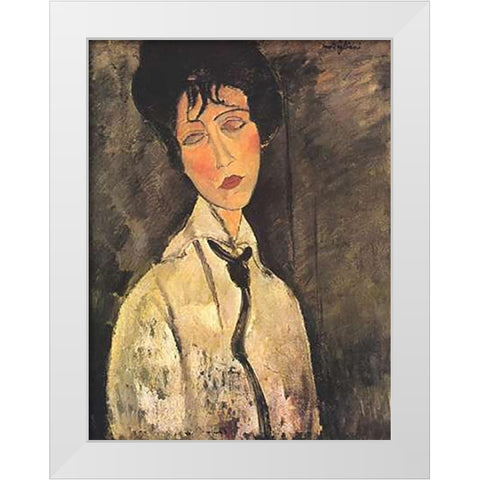 Lady With Black Tie White Modern Wood Framed Art Print by Modigliani, Amedeo
