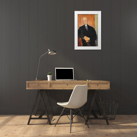 Seated Man With Orange Background White Modern Wood Framed Art Print by Modigliani, Amedeo