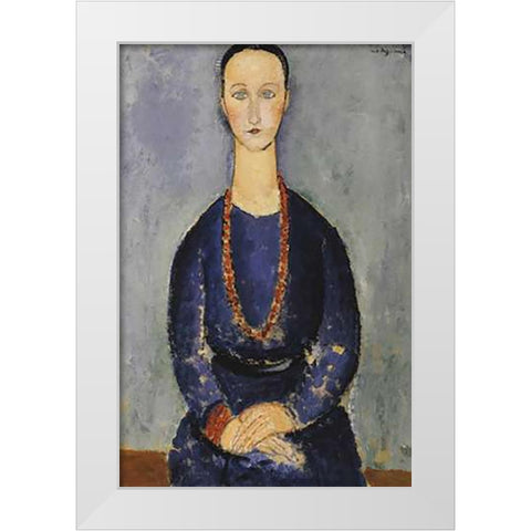Woman With Red Necklace White Modern Wood Framed Art Print by Modigliani, Amedeo