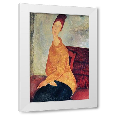 Yellow Sweater Mme Hebuterne White Modern Wood Framed Art Print by Modigliani, Amedeo