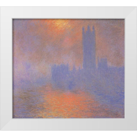 London Parliament With The Sun Breaking Through Fog White Modern Wood Framed Art Print by Monet, Claude