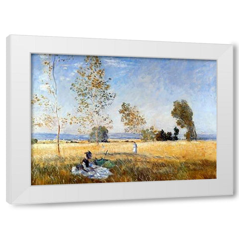 Meadow At Bezons White Modern Wood Framed Art Print by Monet, Claude