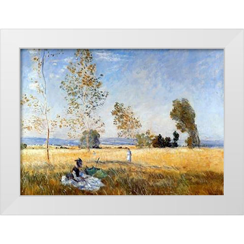 Meadow At Bezons White Modern Wood Framed Art Print by Monet, Claude