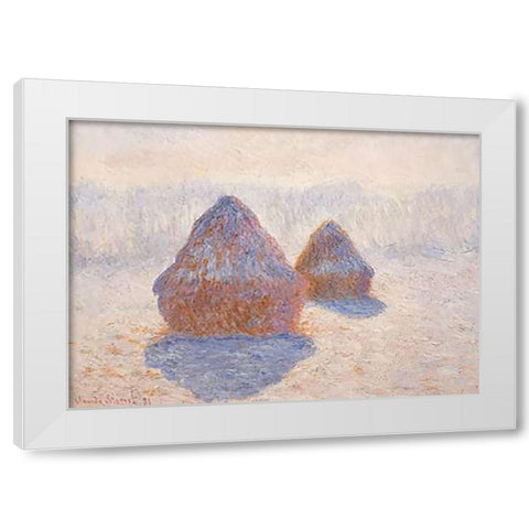 Stacks Of Wheat Winter Effect White Modern Wood Framed Art Print by Monet, Claude