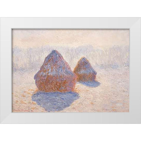Stacks Of Wheat Winter Effect White Modern Wood Framed Art Print by Monet, Claude