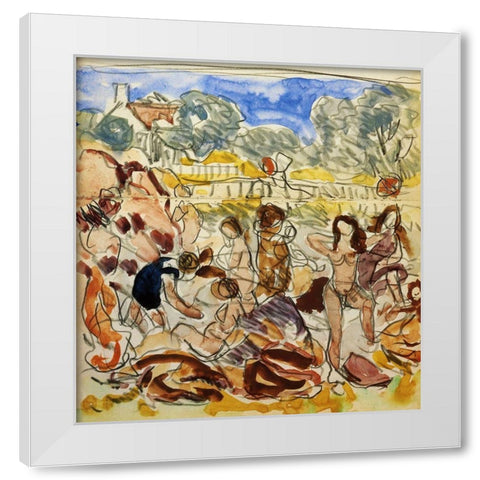 Figures On The Shore White Modern Wood Framed Art Print by Prendergast, Maurice Brazil