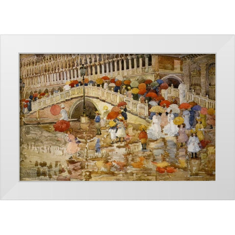 Umbrellas In The Rain Venice White Modern Wood Framed Art Print by Prendergast, Maurice Brazil