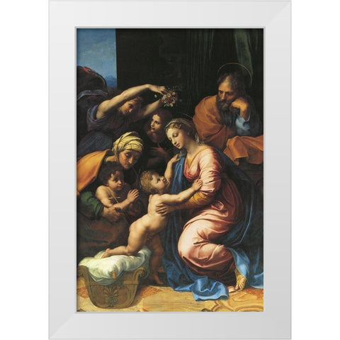 Holy Family With Sts Elizabeth And John And Two Angels White Modern Wood Framed Art Print by Raphael