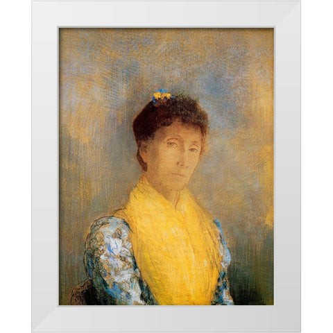 Woman With A Yellow Bodice White Modern Wood Framed Art Print by Redon, Odilon