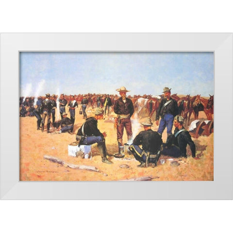 A Cavalrymans Breakfast On The Plains White Modern Wood Framed Art Print by Remington, Frederic