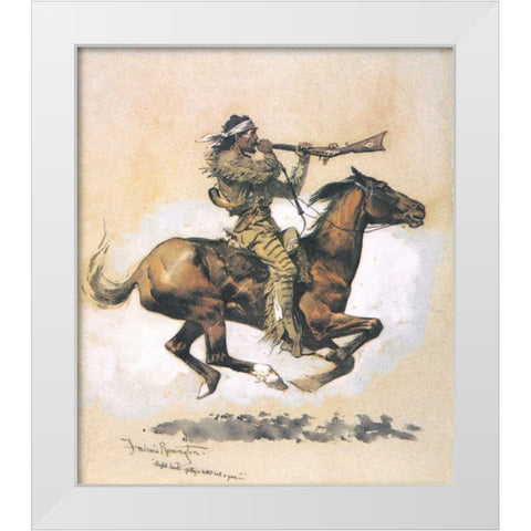 Buffalo Hunter Spitting A Bullet Into A Gun White Modern Wood Framed Art Print by Remington, Frederic