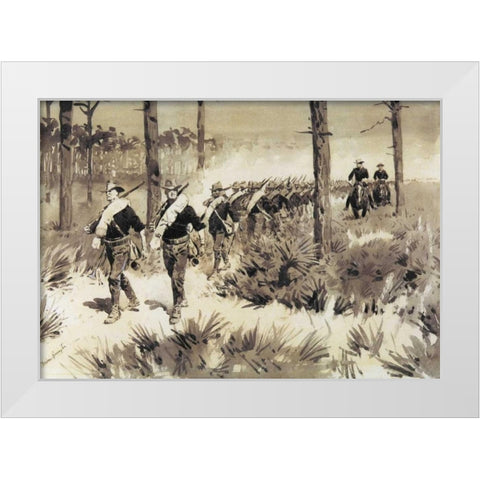 US Troops Practicing Marching In The Palmetto White Modern Wood Framed Art Print by Remington, Frederic