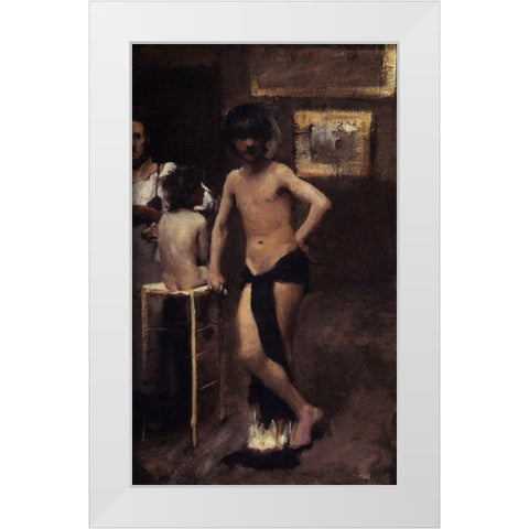 Two Nude Boys and a Woman in a Studio Interior, 1878-79 White Modern Wood Framed Art Print by Sargent, John Singer