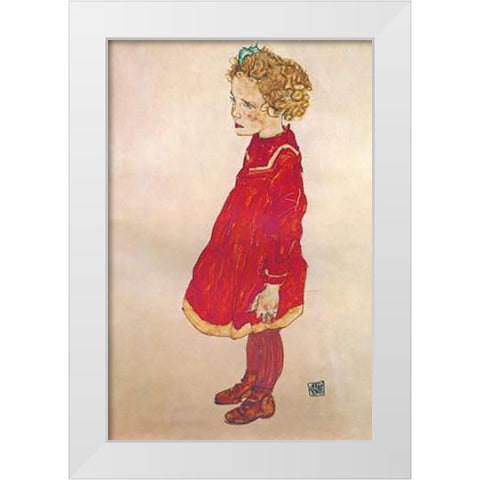 Little Girl With Blond Hair In Red Dress White Modern Wood Framed Art Print by Schiele, Egon