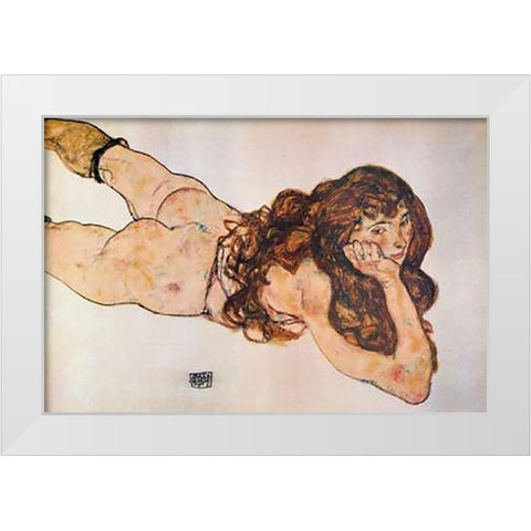 Lying Nude 1917 White Modern Wood Framed Art Print by Schiele, Egon