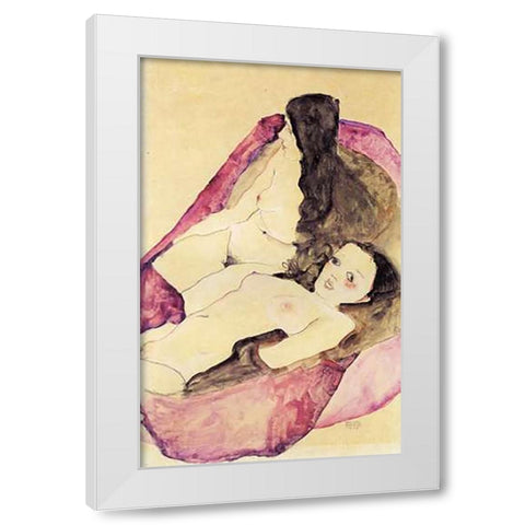Nude Girls Reclining White Modern Wood Framed Art Print by Schiele, Egon