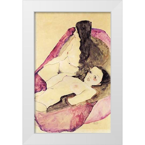 Nude Girls Reclining White Modern Wood Framed Art Print by Schiele, Egon