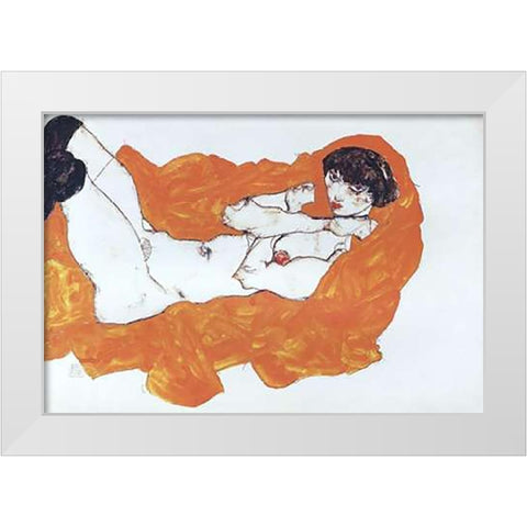 Reclining Female Nude On Red Drape White Modern Wood Framed Art Print by Schiele, Egon