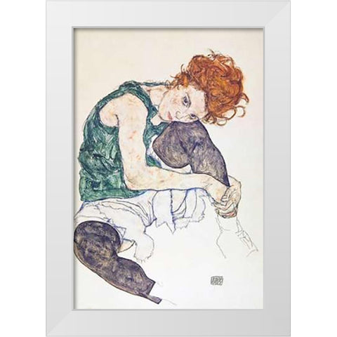 Seated Woman With Bent Knee White Modern Wood Framed Art Print by Schiele, Egon