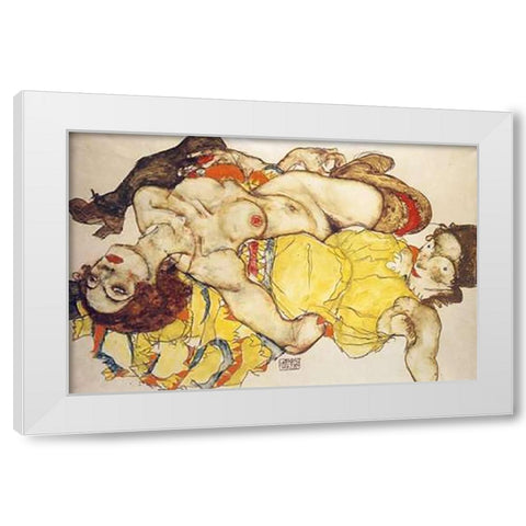 Two Girls Lying Entwined White Modern Wood Framed Art Print by Schiele, Egon