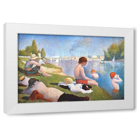 Bathing At Asnieres White Modern Wood Framed Art Print by Seurat, Georges