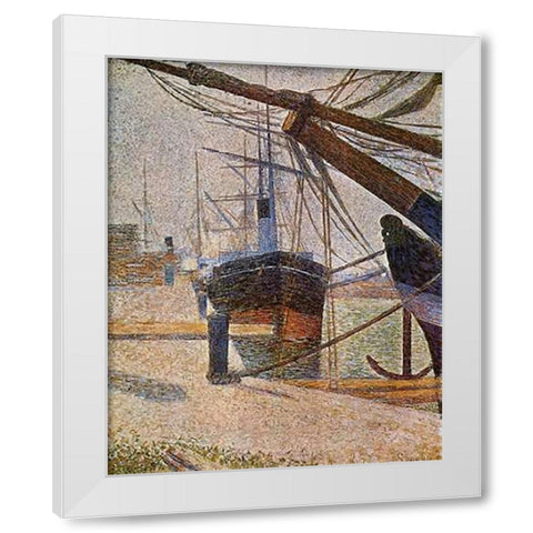 Dockside At Honfleur White Modern Wood Framed Art Print by Seurat, Georges