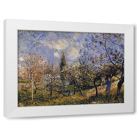 Orchard In The Spring White Modern Wood Framed Art Print by Sisley, Alfred