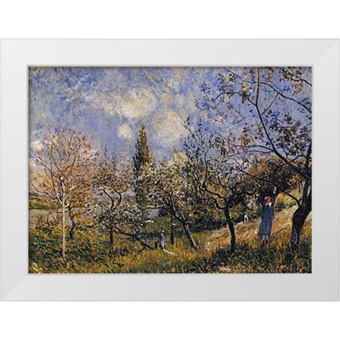 Orchard In The Spring White Modern Wood Framed Art Print by Sisley, Alfred